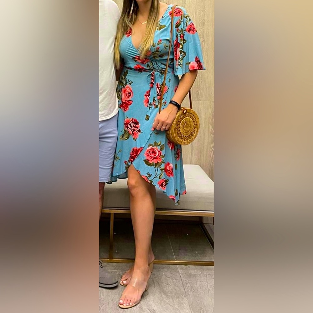 Blue Floral Wrap Dress size L